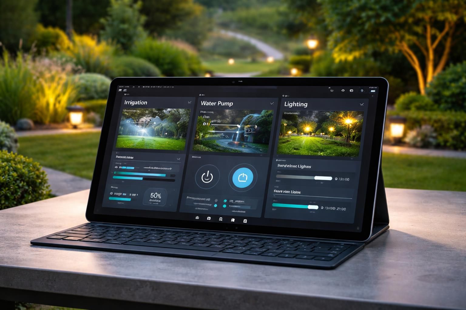 gérez facilement votre arrosage, pompe et éclairage directement sur une tablette windows en plein écran pour un contrôle optimal et simplifié.