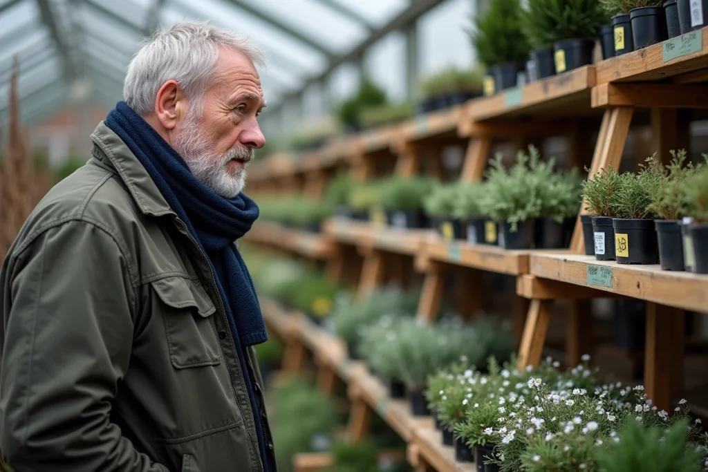 Homme choisissant des plantes d'hiver à petit prix dans une jardinerie pour décorer une tombe de cimetière