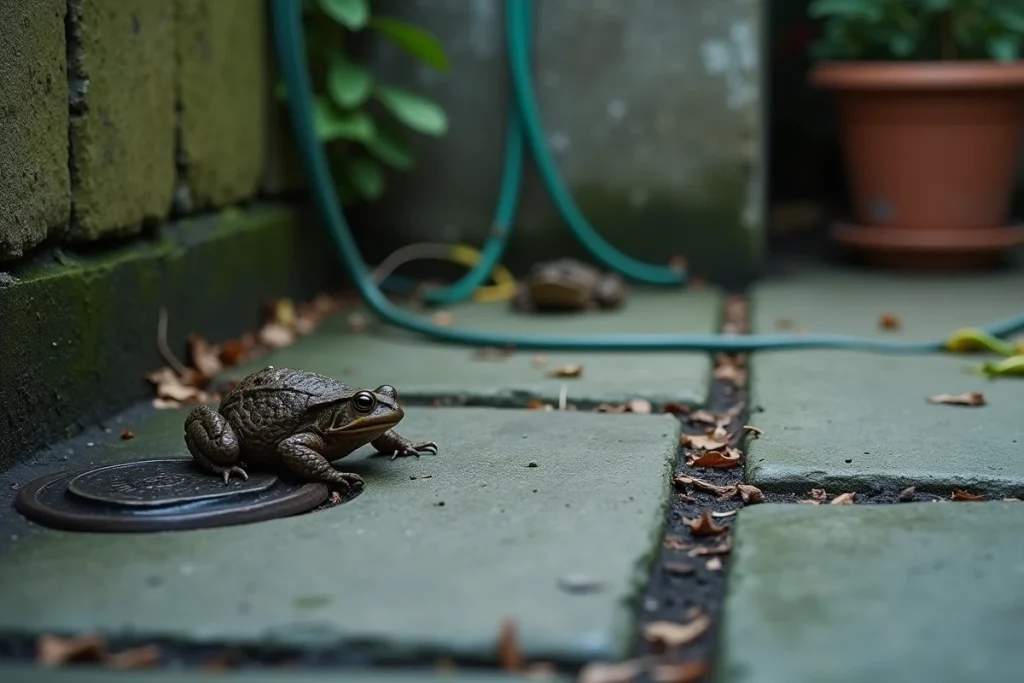 Vue large d'une terrasse en béton avec crottes de crapaud visibles près d'une bonde et d'un mur humide