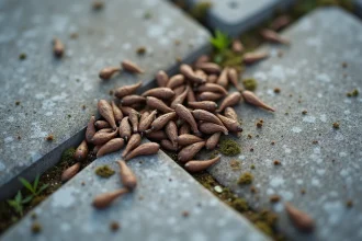 Gros plan de crottes de crapaud sur une terrasse en pierre grise avec texture naturelle et détails réalistes