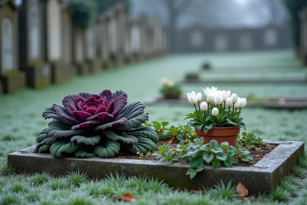Tombe décorée de plantes d'hiver économiques — chou ornemental, cyclamen blanc et lierre — dans un cimetière rural français