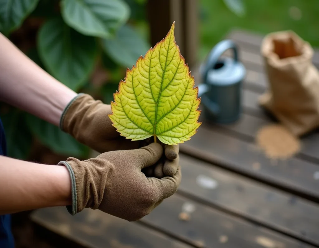 Gros plan sur une feuille d'hortensia jaunissante tenue par des mains gantées, montrant une chlorose internervaire typique du stress hivernal