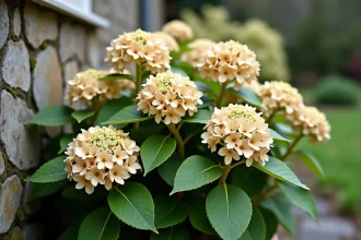 Hortensia aux feuilles jaunissantes après l'hiver dans un jardin résidentiel, avec de nouvelles pousses et des fleurs séchées sur des tiges ligneuses