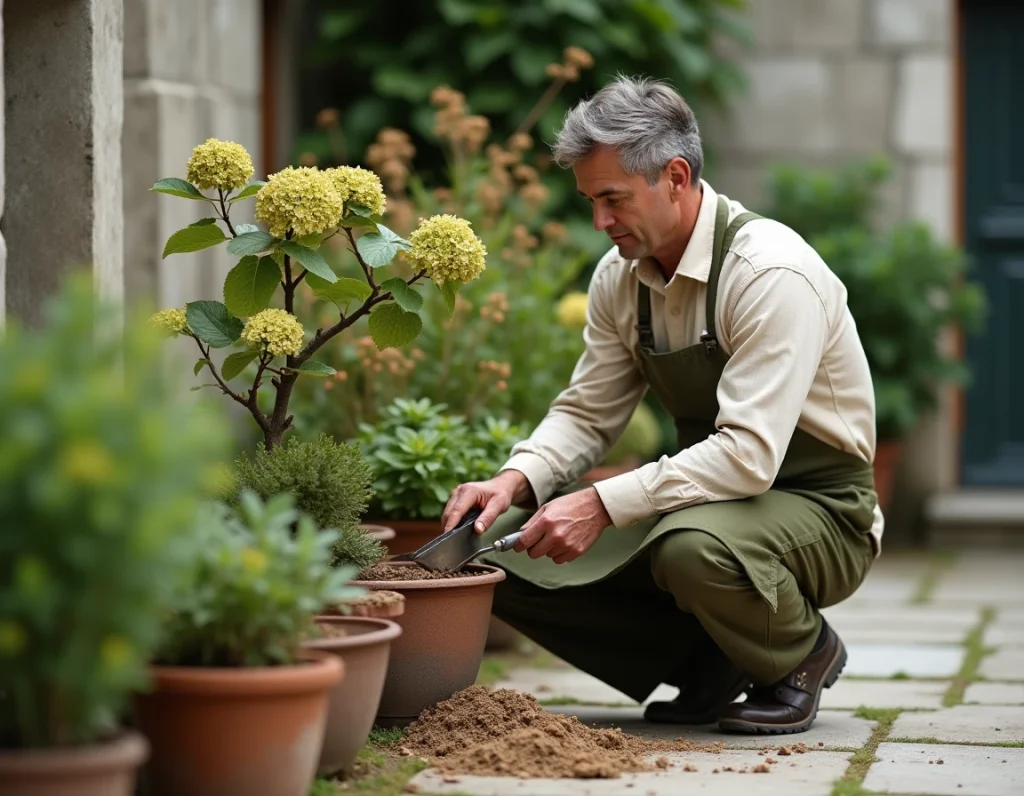 Jardinier en train d'amender la terre d'un hortensia en pot aux feuilles jaunies sur une terrasse rustique au début du printemps