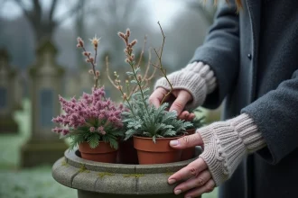 Mains arrangeant des plantes d'hiver bon marché dans une urne funéraire en pierre dans un cimetière sous le gel