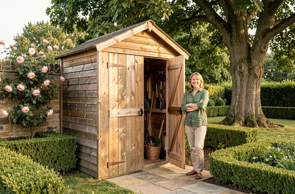 Femme devant un abri de jardin classique en bois massif bien entretenu avec des outils rangés à l'intérieur