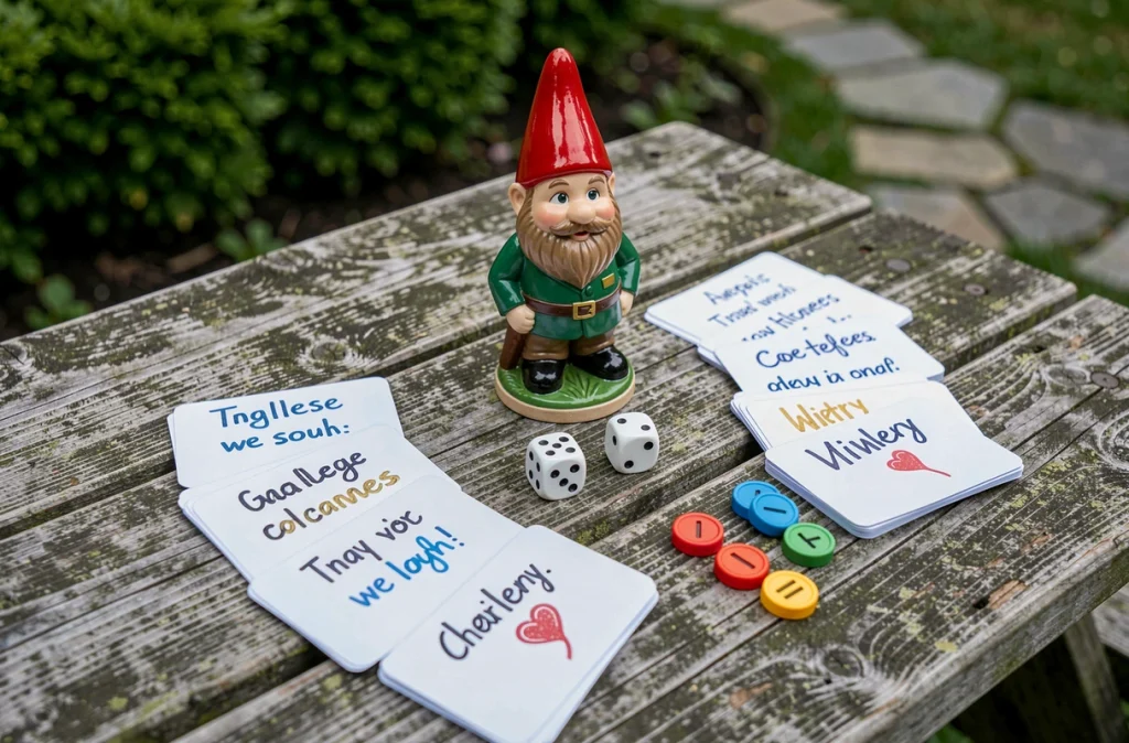 Gros plan sur les accessoires du jeu du nain de jardin incluant figurine, dés et cartes de défis sur une table en bois patiné
