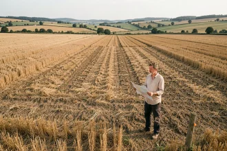 Agriculteur tenant une carte parcellaire au bord d'un champ agricole divisé en ares et hectares en milieu rural