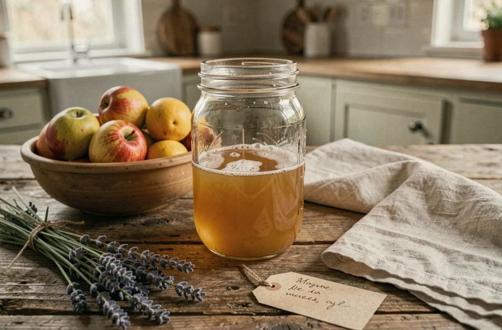 Flat-lay d'un attrape moucherons maison au vinaigre de cidre sur table en bois rustique avec lavande