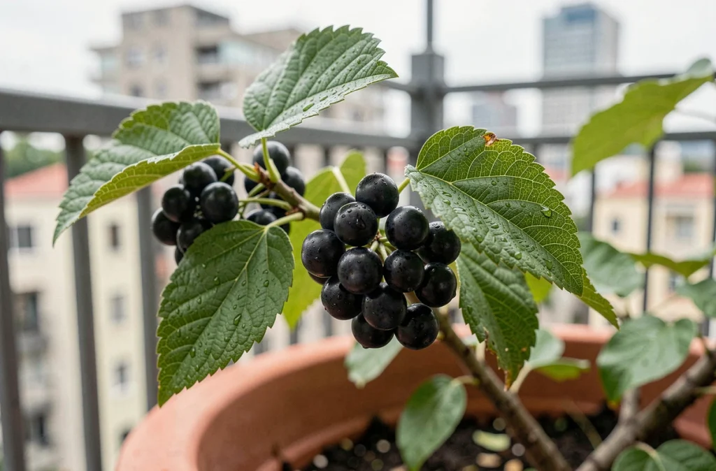 Gros plan sur des baies de Josta mûres et brillantes sur une branche en pot avec des gouttes de rosée