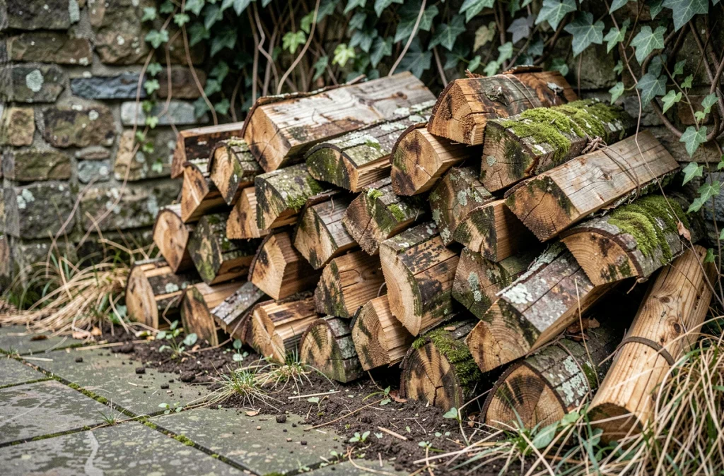 Tas de bois mal stocké sur sol humide sans protection, exemple d'erreurs à éviter pour le séchage du bois en stère