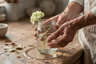 Bouture d'hortensia dans un bocal en verre rempli d'eau sans racines visibles, tenue par des mains sur une table en bois