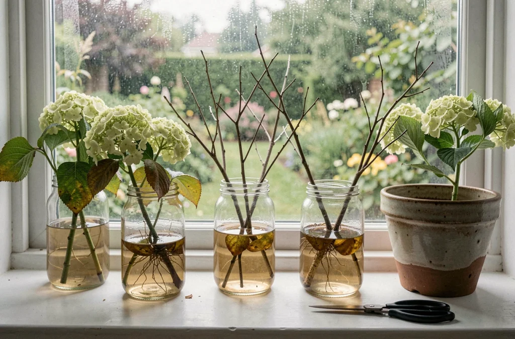 Plusieurs boutures d'hortensias dans des bocaux d'eau sur un rebord de fenêtre, sans racines après plusieurs semaines