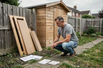 Homme assemblant un cabanon de jardin en kit acheté en grande surface discount dans un jardin résidentiel