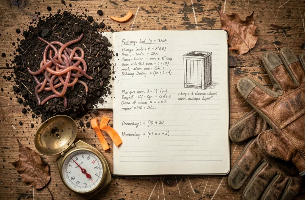Vue en plongée d'un carnet de calcul pour vers de terre, une balance et du compost sur un établi en bois rustique