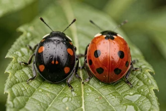 Comparaison côte à côte d'une coccinelle noire à points rouges et d'une coccinelle rouge à points noirs sur une feuille verte