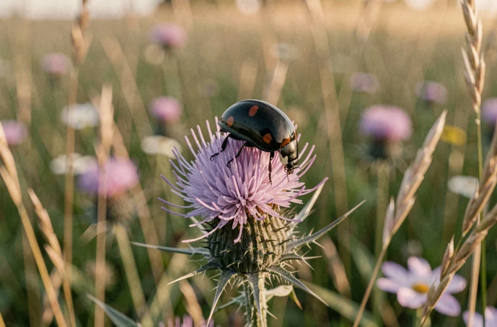 Coccinelle noire à deux points rouges posée sur une fleur de chardon en prairie sauvage