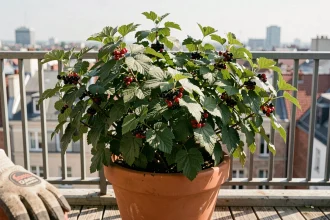 Colina Josta cultivée en pot sur un balcon urbain avec des baies mûres et un feuillage dense