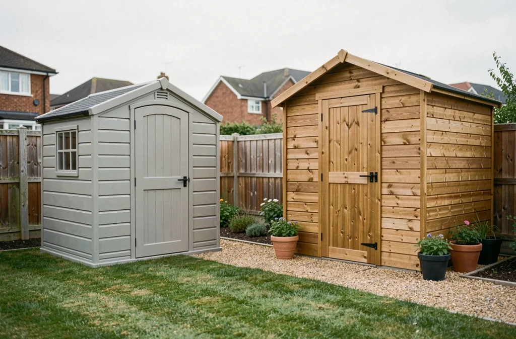 Comparaison entre un petit cabanon en plastique bon marché et un grand abri de jardin en bois traditionnel dans un jardin résidentiel