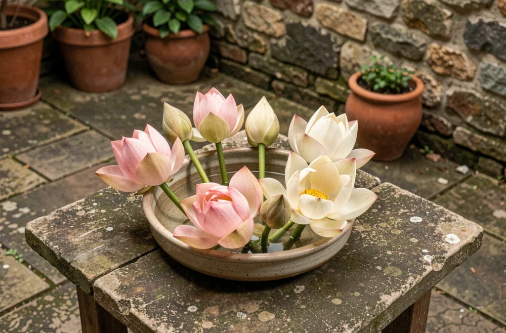 Composition de fleurs de lotus à différents stades de floraison dans un bol en céramique, symbolisant les étapes de la transformation