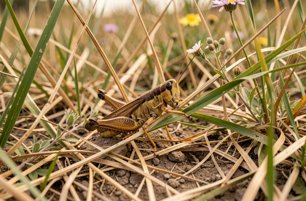 Criquet brun se nourrissant d'herbes sauvages dans une prairie sèche en été, vue en contre-plongée au niveau du sol