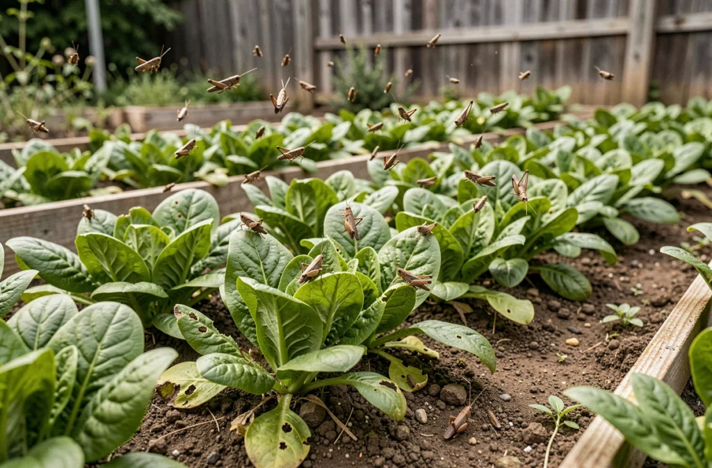 Groupe de criquets envahissant des rangées de laitues et d'épinards dans un potager, feuilles endommagées visibles