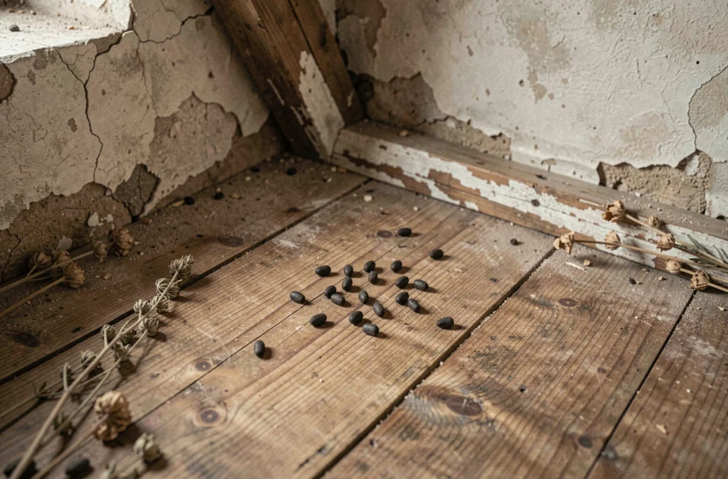 Crottes de rongeurs sur un plancher en chêne ancien à l'intérieur d'une maison de campagne de la Loire