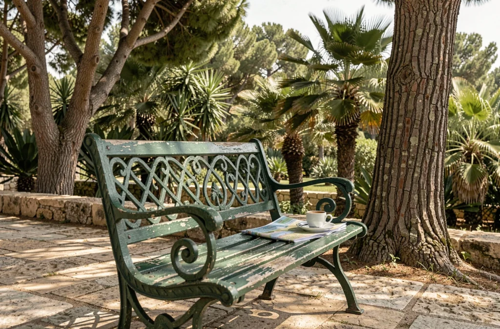 Détail d'un banc en fer forgé dans les jardins Barrakka de Malte, entouré de végétation méditerranéenne luxuriante