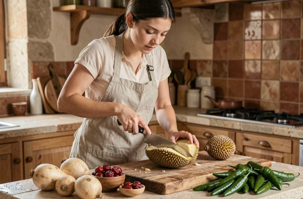 Femme en tablier de lin découpant un jackfruit entouré de jicamas et piments jalapeños dans une cuisine rustique française