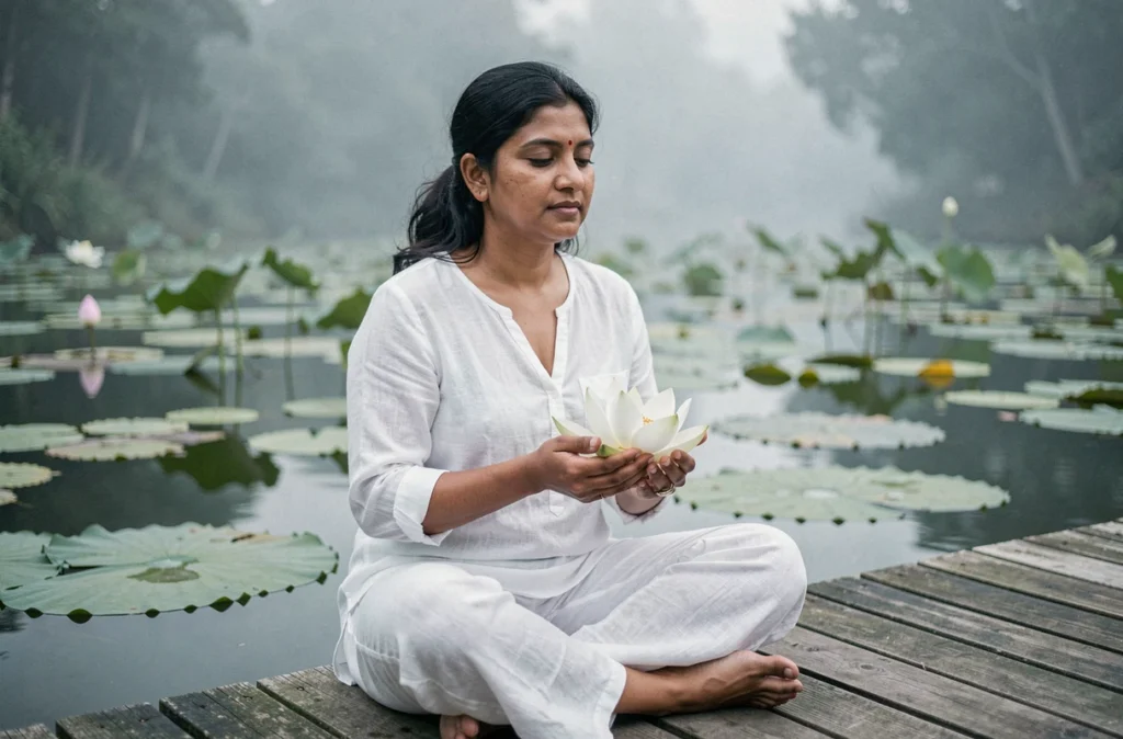 Femme tenant une fleur de lotus en méditation au bord d'un étang, représentant la sérénité et la transformation personnelle