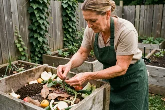 Femme jardinière ajoutant des vers de terre dans un bac à compost en bois rempli de déchets organiques dans un jardin