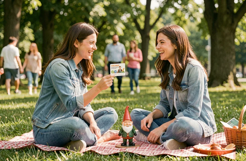 Deux femmes jouant au jeu du nain de jardin sur une couverture de pique-nique dans un parc ensoleillé avec une carte de défi