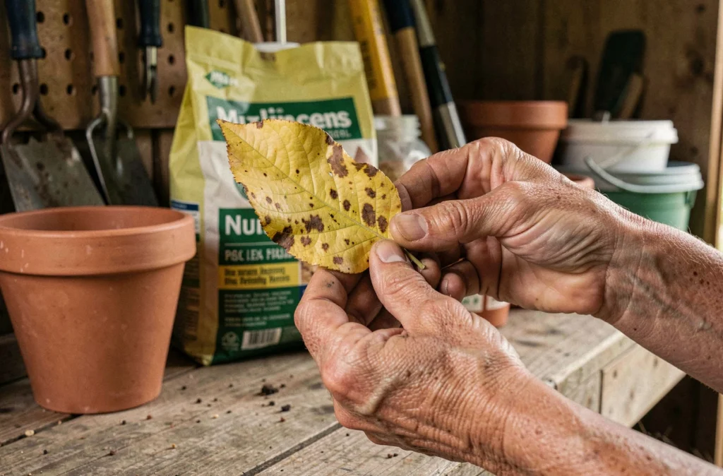 Mains de jardinière tenant une feuille de citronnier jaunie avec des taches brunes, examinée de près pour identifier une carence
