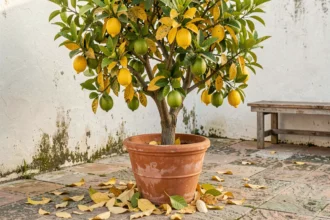 Citronnier en pot avec des feuilles qui jaunissent et tombent sur une terrasse en pierre, signe de carence ou de maladie