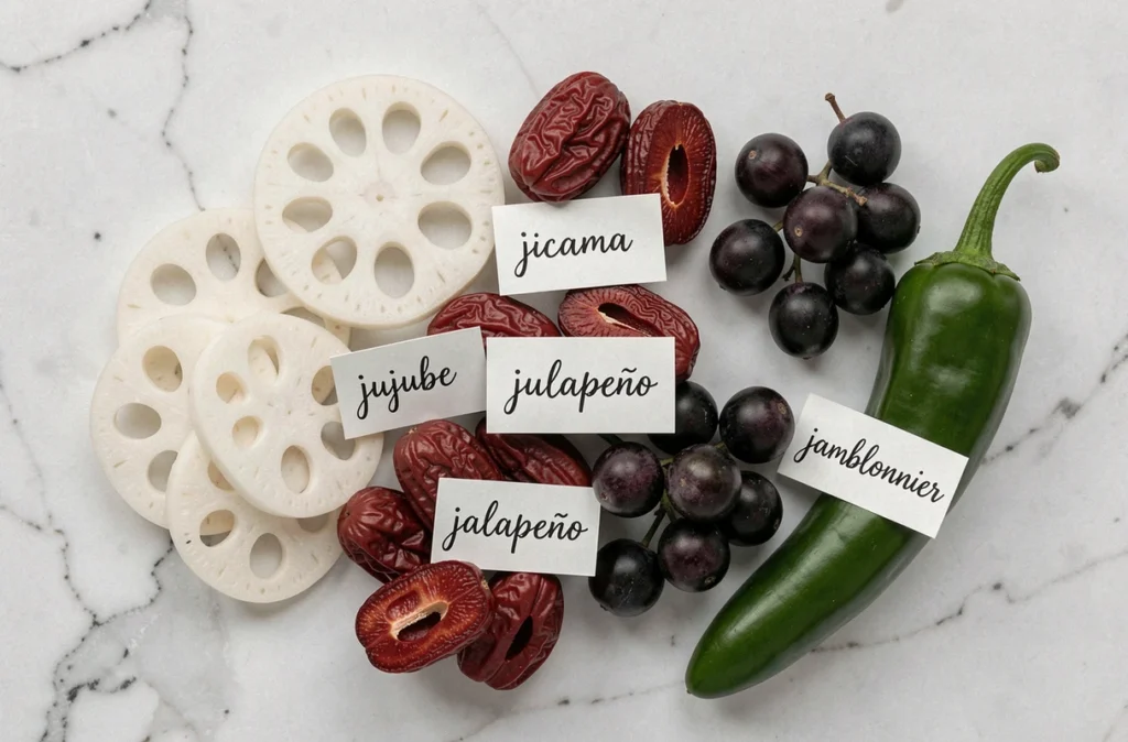 Composition à plat sur marbre blanc de fruits et légumes commençant par J avec étiquettes vocabulaire en français manuscrites