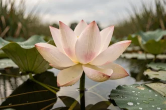 Fleur de lotus rose émergeant de l'eau sombre, symbole de transformation et de résilience face aux épreuves