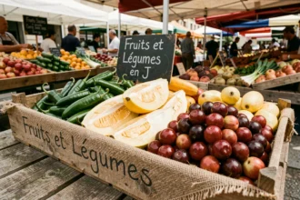 Cagette de marché fermier remplie de jalapeños, jackfruit et jujubes frais avec étiquette en français sur toile de jute