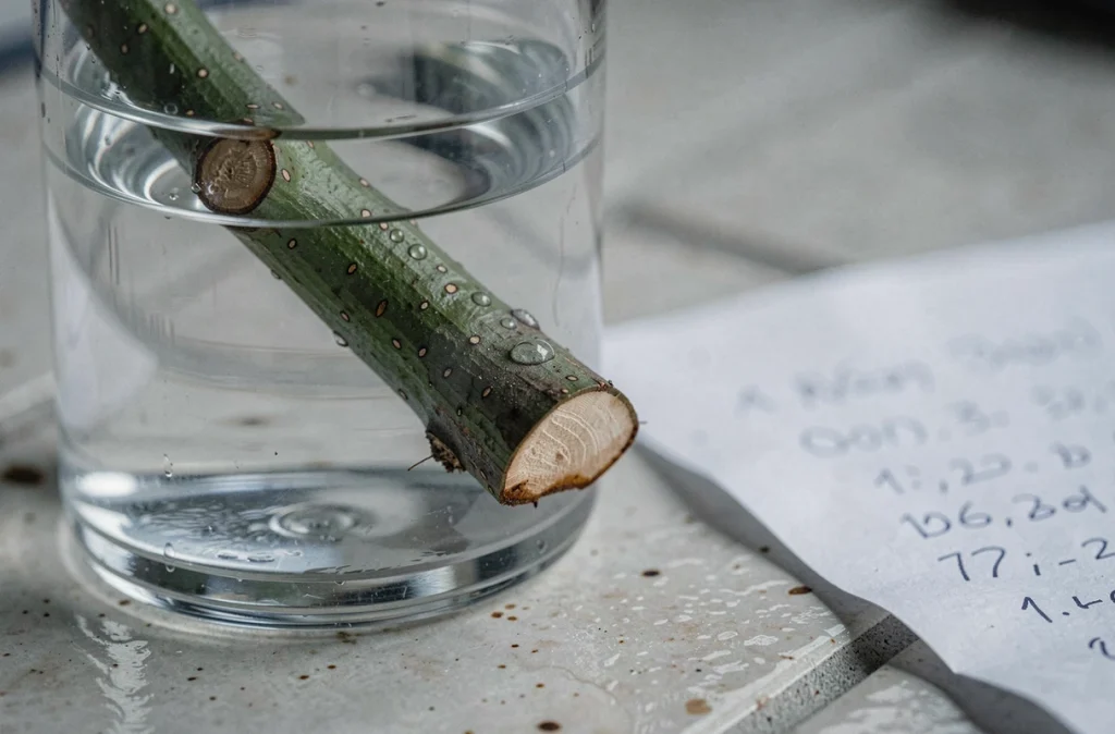 Gros plan sur la tige d'une bouture d'hortensia dans l'eau sans développement racinaire visible, avec des notes manuscrites