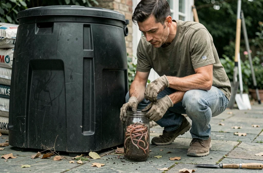 Homme tenant un bocal de vers de terre devant un composteur plastique pour calculer la bonne quantité à introduire