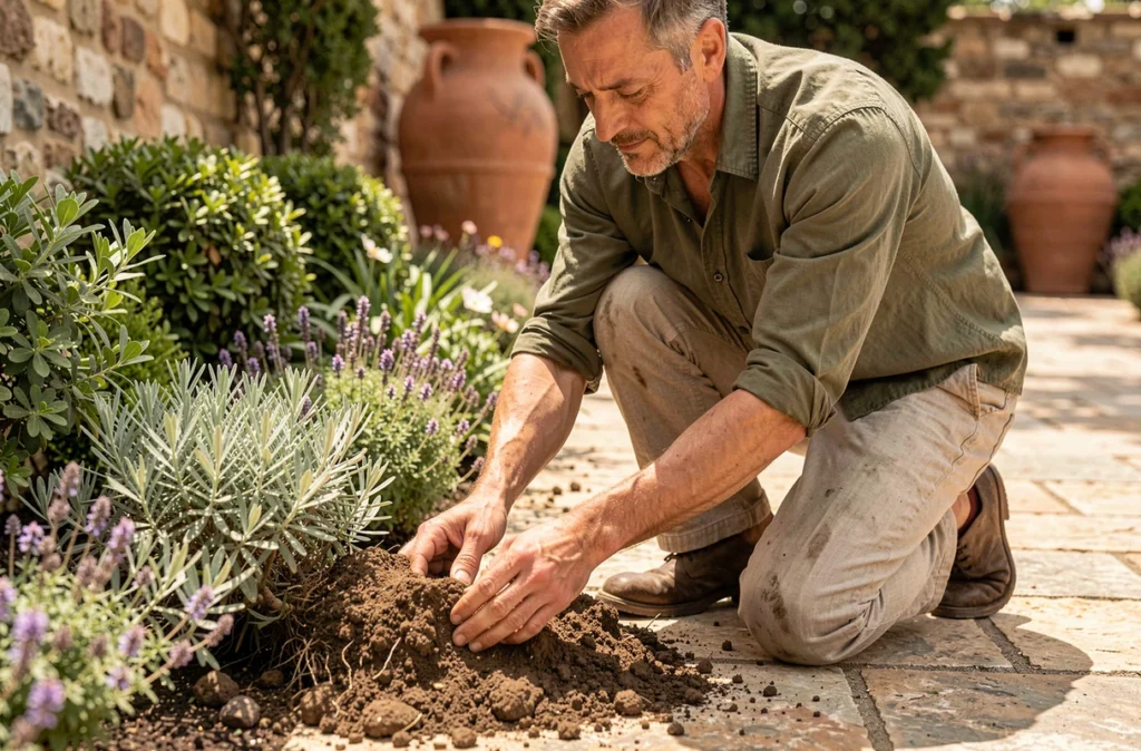 Jardinier plantant des végétaux méditerranéens persistants santoline pittosporum et germandrée dans un parterre