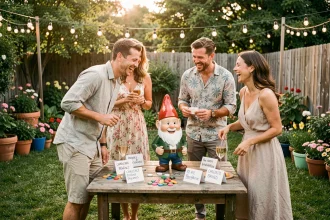 Groupe d'adultes jouant au jeu du nain de jardin en plein air lors d'une fête estivale avec des cartes de défis sur une table en bois