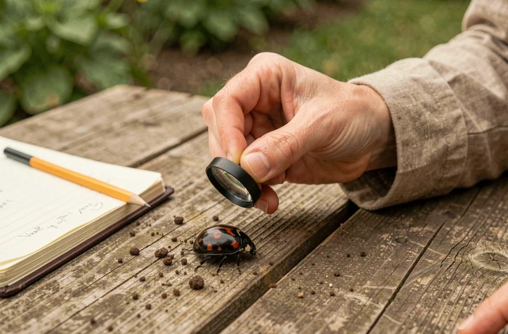 Main de botaniste observant une coccinelle noire à points rouges avec une loupe sur une table de jardin en bois