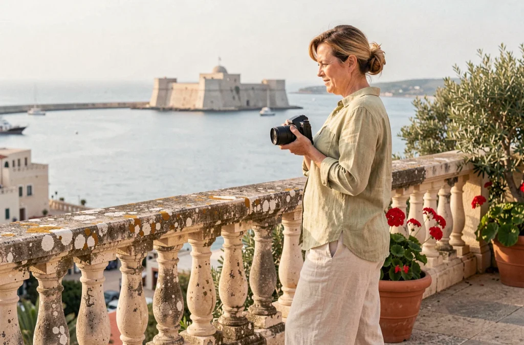 Photographe amateur en train de composer une image depuis la terrasse des jardins Barrakka à Malte, avec vue sur le Grand Port