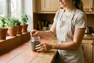 Femme plaçant un piège écologique à moucherons dans une cuisine en bois avec herbes aromatiques