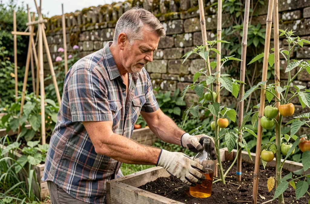 Homme installant un piège à moucherons naturel au vinaigre de cidre dans un potager en été