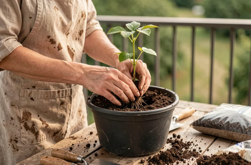 Femme en train de rempoter un jeune plant de Josta dans un grand pot en plastique sur un balcon