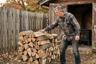 Homme empilant du bois en stère à côté d'un abri de jardin rustique en automne, erreurs courantes de stockage de bois pour poêle