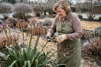Jardinière en train de tailler les tiges sèches d'agapanthes en hiver avec un sécateur dans un jardin en dormance