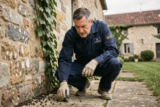 Technicien en désinsectisation inspectant des crottes de rongeurs sur les fondations en pierre d'une maison de la Loire