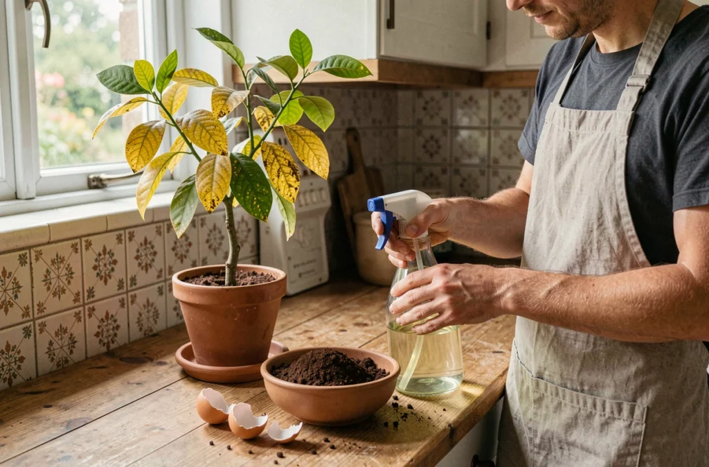 Préparation d'un traitement naturel contre le jaunissement des feuilles de citronnier avec huile de neem et marc de café dans une cuisine